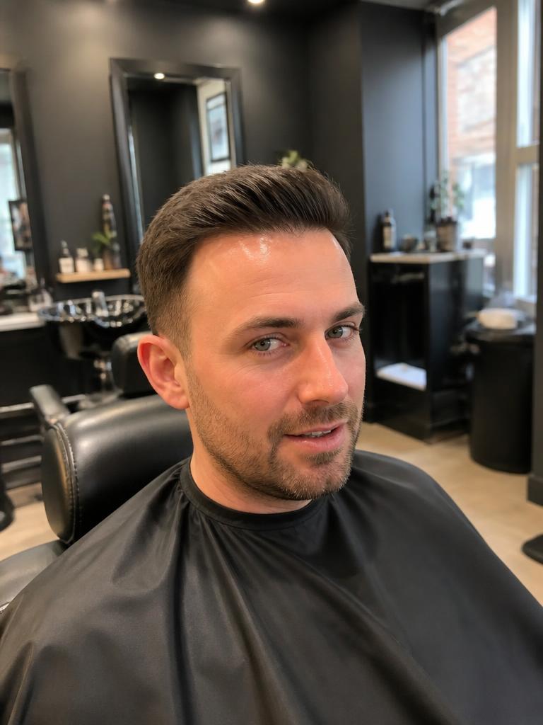 Client in the studio chair after a hair system fitting — Bonded system · Crown coverage