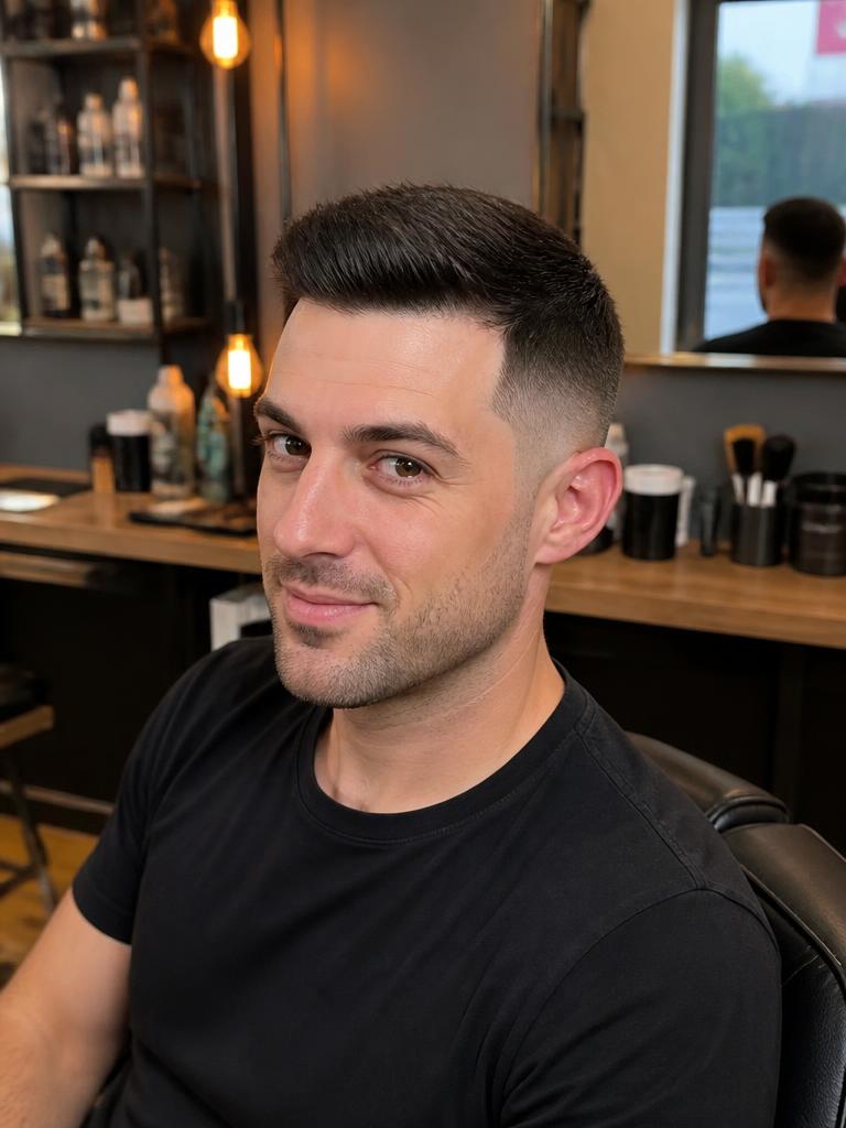 Client in the studio chair after a hair system fitting — Full hairline · Skin fade blend