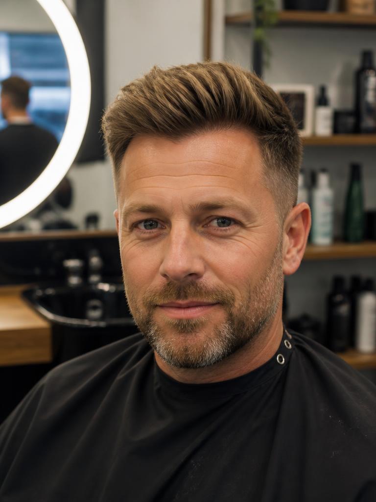 Client in the studio chair after a hair system fitting — System replacement · Restyle