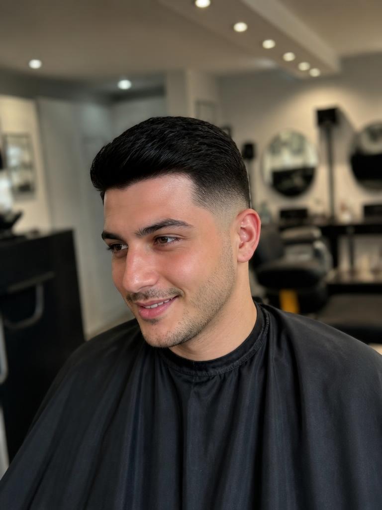 Client in the studio chair after a hair system fitting — First fitting · Same day